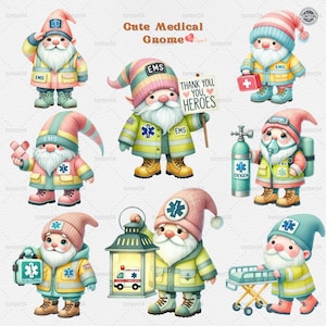 May include: Set of ten digital illustrations of gnomes dressed as medical professionals. The gnomes are wearing pink and blue hats, green and yellow jackets, and blue pants. They are holding various medical supplies, including a defibrillator, oxygen tank, stretcher, and a lantern with an ambulance graphic. The gnomes are smiling and have white beards. The text "Cute Medical Gnome" is written at the top of the image.