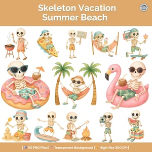 Pakiet clipartów Skeleton Summer Beach, 50 retro PNG do sublimacji, naklejki i upiorne wzory tropikalnych wakacji