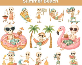 Skeleton Beach Clipart Bundle: Retro Spooky Summer PNGs