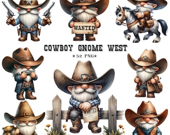 May include: A set of eight digital illustrations of gnomes dressed as cowboys. The gnomes are wearing cowboy hats, vests, and boots. Some gnomes are holding guns, others are holding musical instruments, and one gnome is holding a wanted poster. The gnomes are all standing on a white background. The text "COWBOY GNOME WEST *52 PNG*" is written in the center of the image.