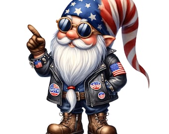 Biker Gnome Clipart PNG, American Motorcycle Gnome Watercolor, Patriotic Sublimation Design for Stickers