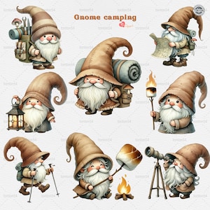 Paquete de imágenes prediseñadas de gnomos para acampar, lindos gnomos al aire libre PNG para caminatas, hogueras y linternas, descarga digital, uso comercial