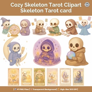 Skeleton Tarot Clipart Set, 41 Cozy Spooky PNGs with Major Arcana Cards for Halloween & Witchy Crafts