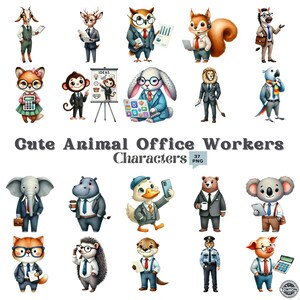 Cute Animal Office Worker Characters Clipart Bundle,37 PNG Files, Cartoon Animal Business Characters Office Staff Animals, Digital Download