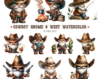 May include: A set of 9 watercolor illustrations of gnomes dressed as cowboys. The gnomes are wearing cowboy hats, vests, and boots. They are holding various items, such as a fishing rod, a pot, a cup of coffee, a deck of cards, a bag of money, and a bottle of whiskey. The illustrations are set against a white background.  *COWBOY GNOME & WEST WATERCOLOR* 39 PNG Set 2