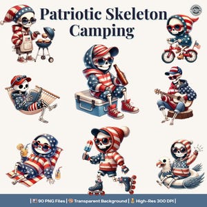 Set de imágenes prediseñadas de esqueletos patrióticos de camping: 90 diseños retro de esqueletos del 4 de julio para barbacoas, sublimación y diversión en verano.