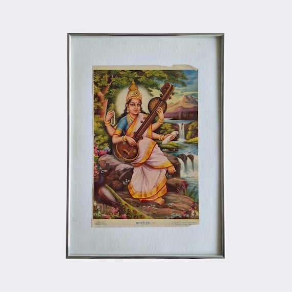PUJA No.06 — Saraswati | Framed Devotional Print (c.1960s–1970s)