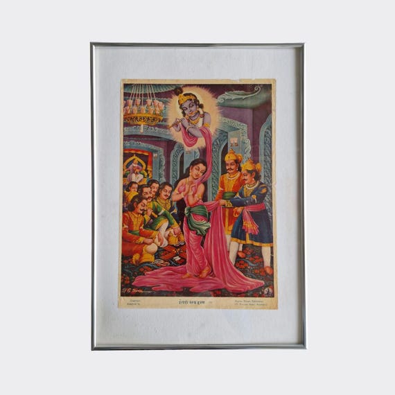 PUJA No.12 — Draupadi Vastraharan (Mahabharata) | Framed Devotional Print (c.1960s–1970s)