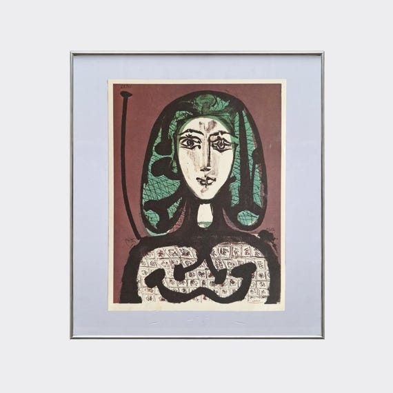 RUPA No.08 — Portrait of Jacqueline in a Printed Dress | Pablo Picasso | Vintage Art Print | 1962 Linocut Reproduction