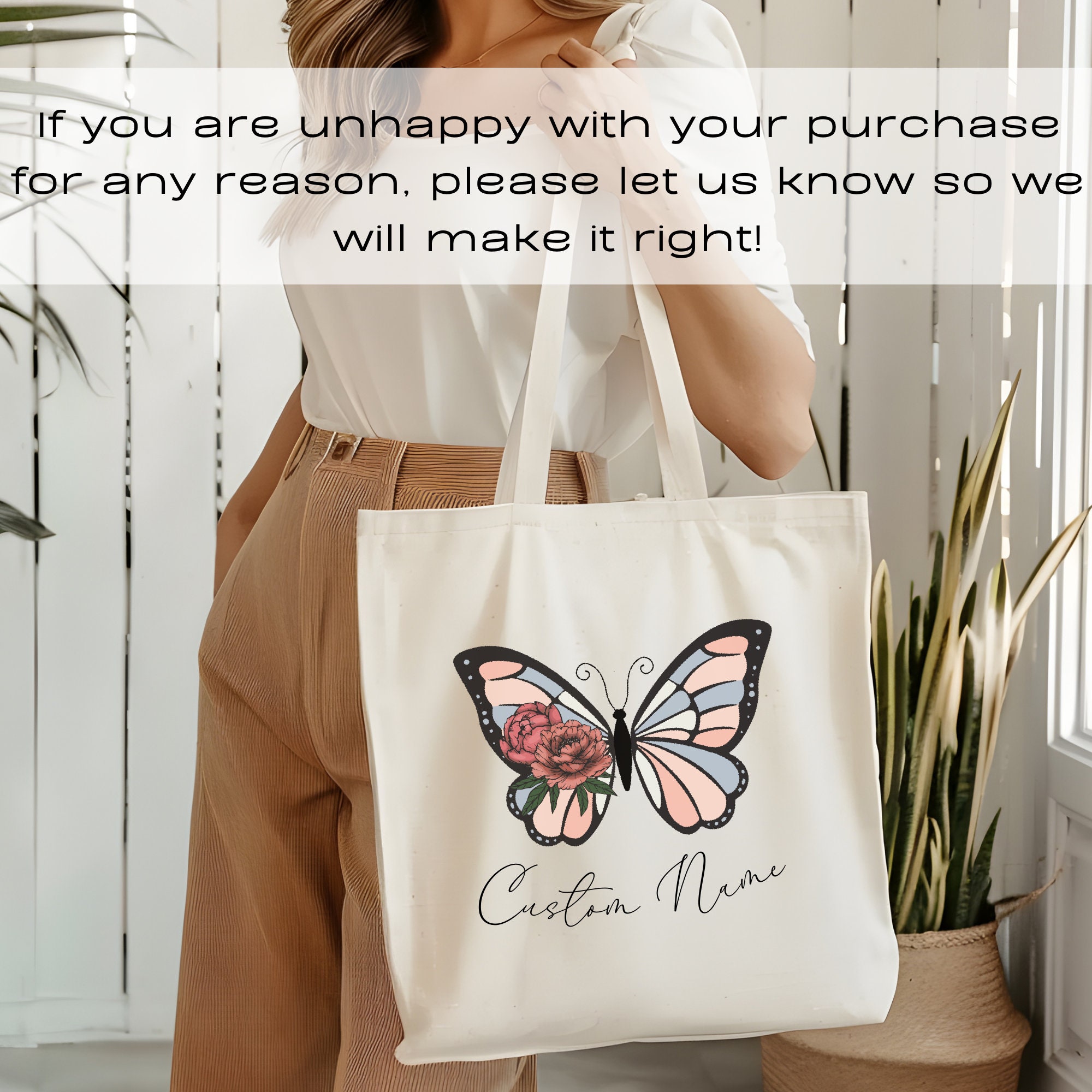 Personalized birth flower tote bag custom tote bag birth flower gift mothers day gift birthday gift for her butterfly tote bag gift for wife
