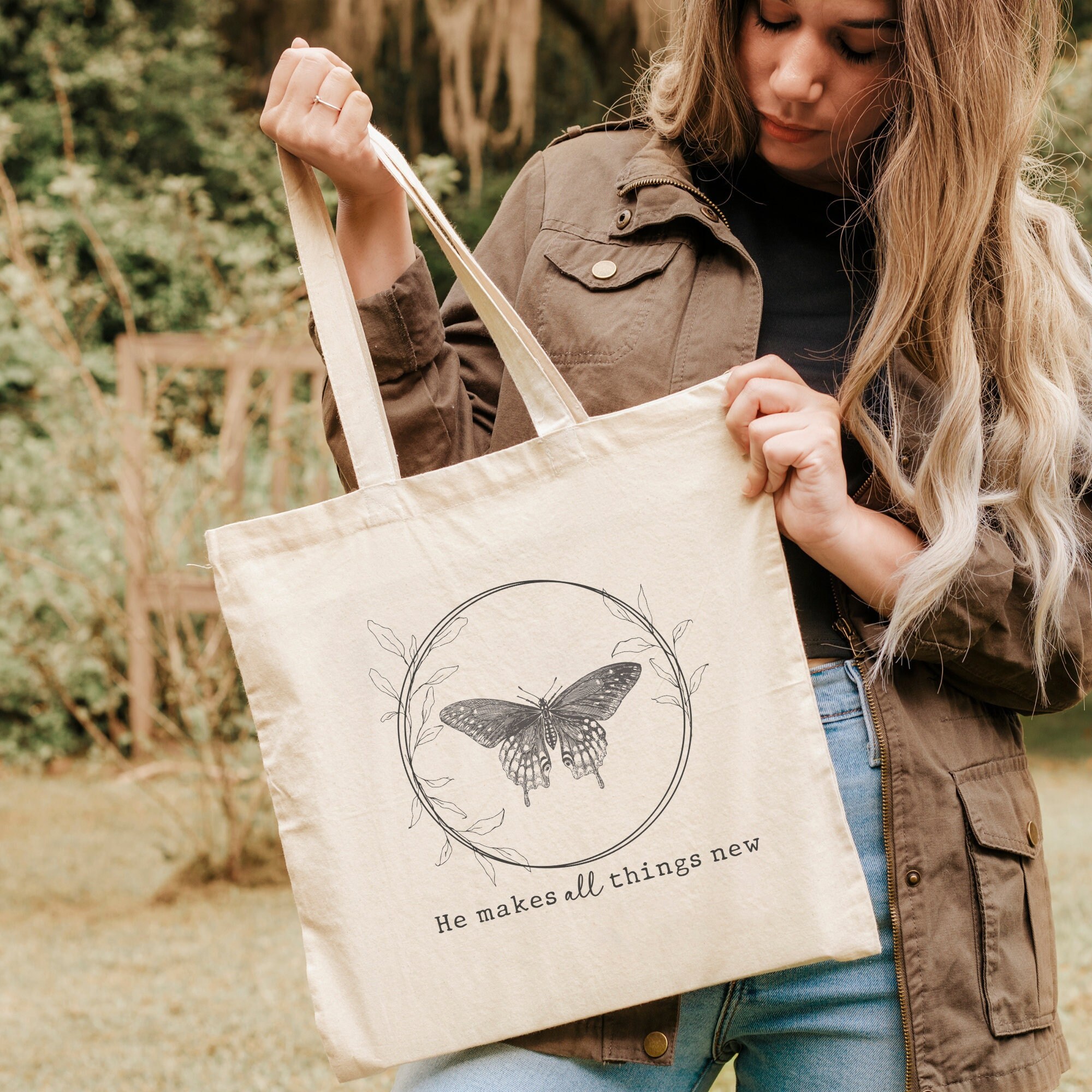 He Makes All Things New Tote, Christian Tote Bag, Scripture Tote bag, Butterfly tote bag, Christian Gift, Bible verse tote bag