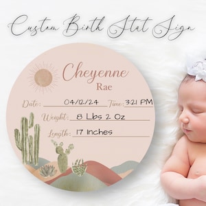 Southwest Cactus Round Custom Baby Birth Stat Sign Personalized Birth Stat sign, Name Sign Baby Shower Gift New Mom gift