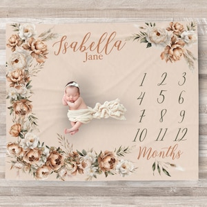 Manta personalizada con hitos para bebé, estilo bohemio, para niña, manta personalizada, rastreador de crecimiento mensual, regalo para baby shower, regalo de embarazo, nueva mamá, día de la madre