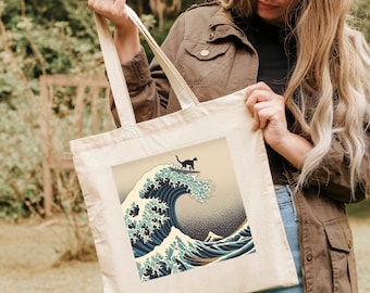 The Great Wave with Cat Tote Bag, Art Tote Bag, Cat lover gift, art history tote bag, Cat mom gift, Funny Cat Canvas bag, Funny Cat book bag