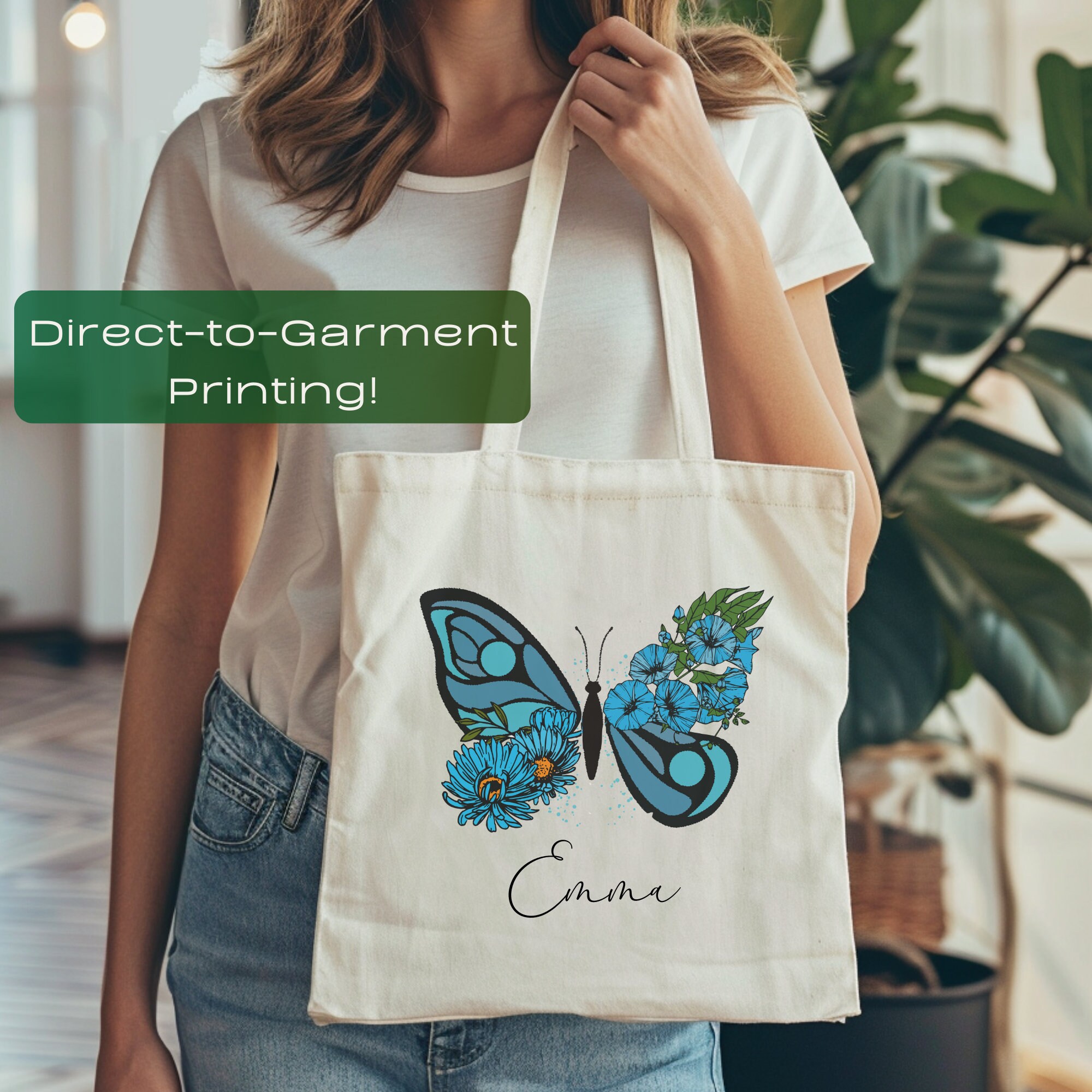 Personalized birth flower tote bag custom tote bag birth flower gift mothers day gift birthday gift for her butterfly tote bag gift for wife