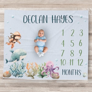 Manta personalizada del hito del océano Manta personalizada del bebé Rastreador de crecimiento Regalo de la ducha del bebé Regalo de la nueva mamá Manta del nombre personalizado Anuncio de nacimiento