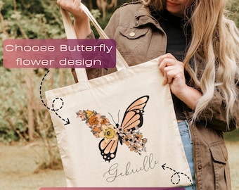 Personalized birth flower tote bag, custom tote bag, birth flower gift, mother's day gift, birthday gift for her, butterfly tote bag