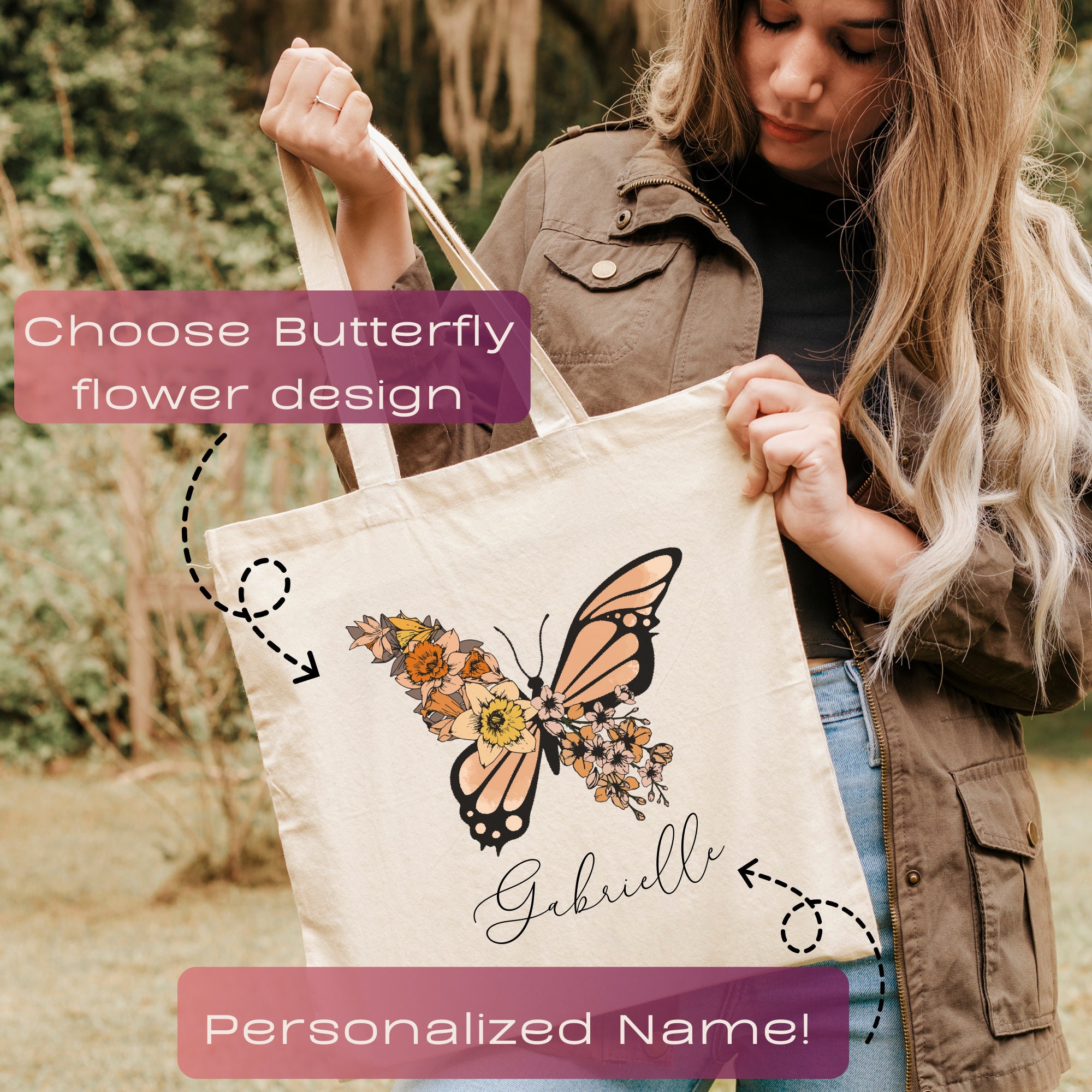 Personalized birth flower tote bag custom tote bag birth flower gift mothers day gift birthday gift for her butterfly tote bag gift for wife