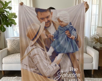 May include: A personalized family photo blanket featuring a family portrait. The image shows a family of three, with the text "The Johnson Family" in a script font. The blanket is held up by a person.