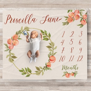 Custom Peaches Milestone Blanket Personalized blanket Monthly Growth tracker, baby shower gift, New Mom Gift Mother's day, Baby Tracker gift