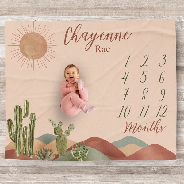 Couverture personnalisée Southwest Cactus Girl Baby Milestone Blanket Couverture personnalisée Tracker de croissance mensuelle, cadeau de baby shower, cadeau de nouvelle maman fête des mères