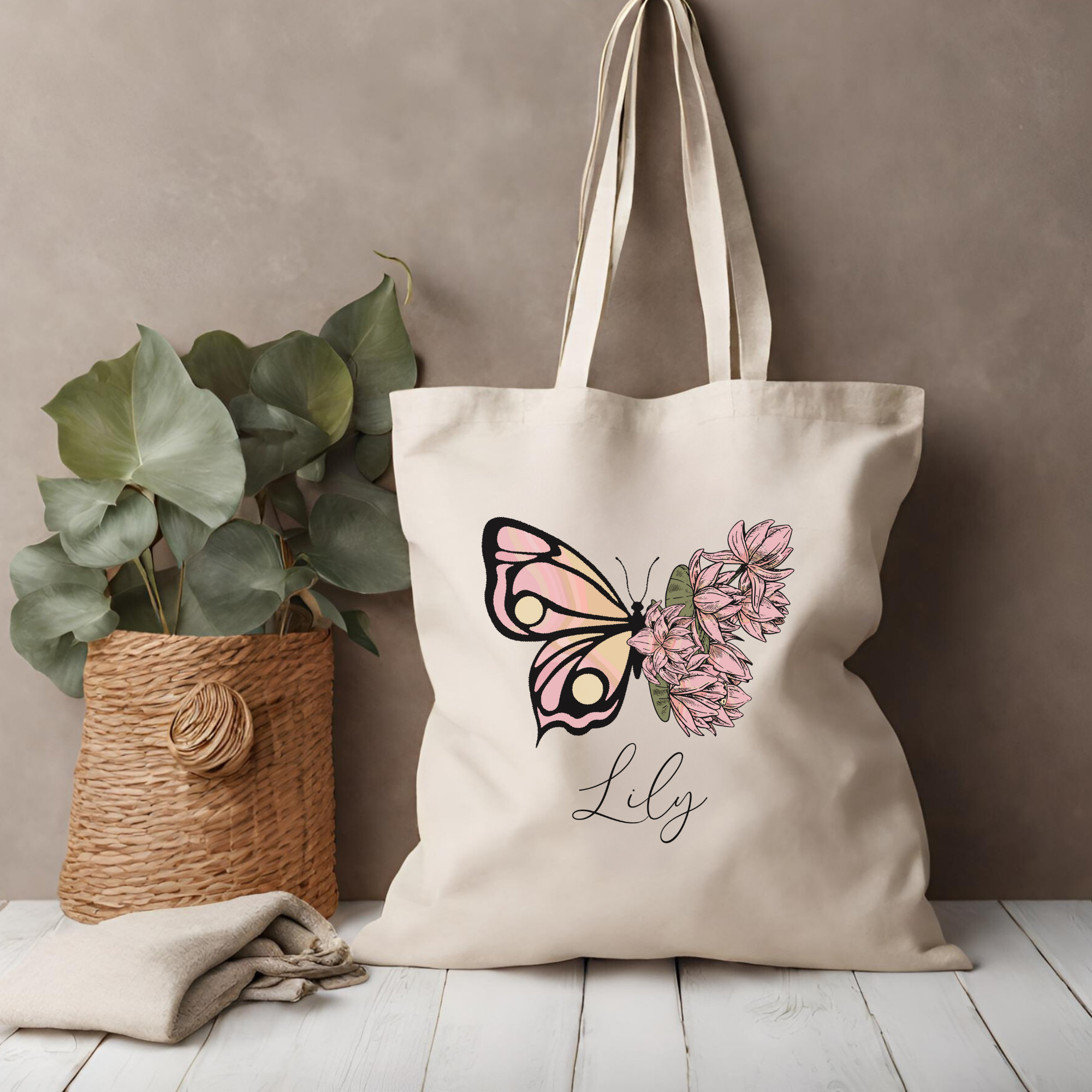 Personalized birth flower tote bag custom tote bag birth flower gift mothers day gift birthday gift for her butterfly tote bag gift for wife