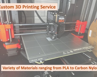 May include: A close-up of a 3D printer with a gray print bed and a black and red 3D printer head. The printer is labeled "Original Prusa MK4". The text "Custom 3D Printing Service" and "Variety of Materials ranging from PLA to Carbon Nylon" are visible in the image.
