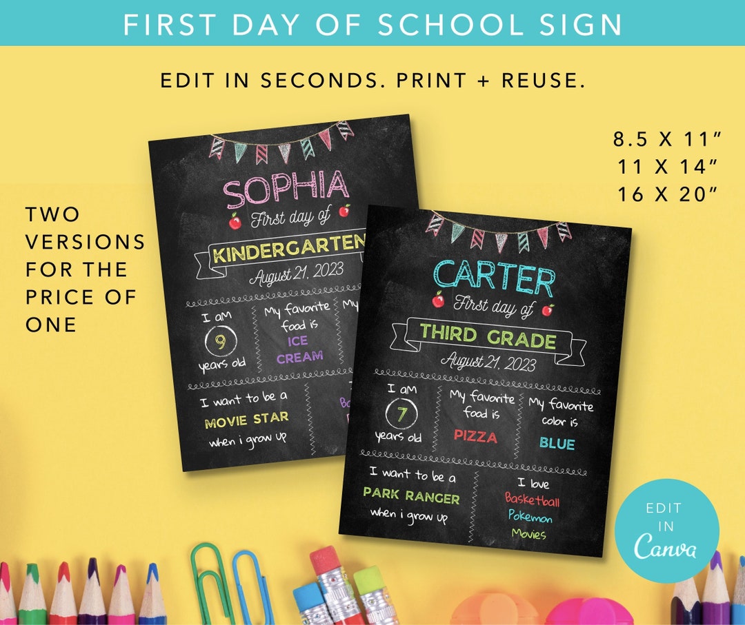 Editable First Day of School Chalkboard Sign, Chalkboard Back to School