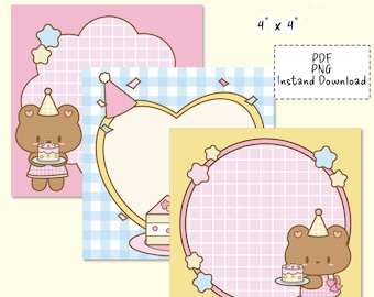 May include: Three square printable notepads measuring 4 inches by 4 inches. Designs feature a brown bear wearing a party hat, holding a cake, with grid patterns, heart and circle frames, and star accents. Text includes Printable Notepad, PDF, PNG, Instant Download, and @createandprintPH.