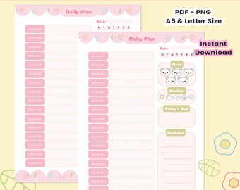 May include: A printable daily planner template featuring a pink and white colour scheme with scalloped edges. The layout includes hourly slots from 06:00 to 21:00, a date field, mood tracker with bear icons, weather icons, and sections for goals and reminders.