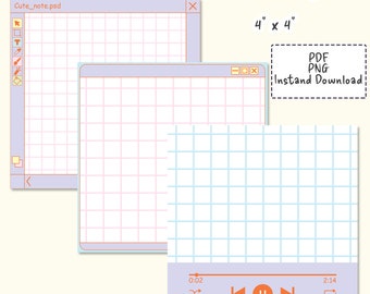 Puede incluir: Un conjunto de archivos digitales para bloc de notas imprimible de 10,16 cm por 10,16 cm. Los diseños presentan patrones de papel cuadriculado estilo ventanas de software y una interfaz de reproductor de música con iconos naranjas.