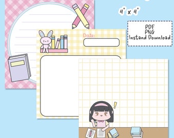 May include: A set of three printable notepad designs measuring 4 inches by 4 inches. The sheets feature pink gingham, yellow plaid, and grid patterns with illustrations of a rabbit, books, pencils, and a character studying at a desk. Text includes Printable Notepad, PDF, PNG, Instant Download, Date, and @createandprintPH.