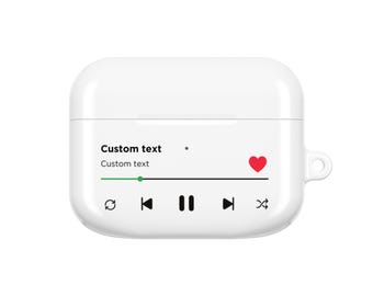 May include: White AirPod case with a music player interface design. The case features the text "Custom text", a red heart icon, and playback controls. The design includes a progress bar and a loop, previous, play/pause, next, and shuffle icons.