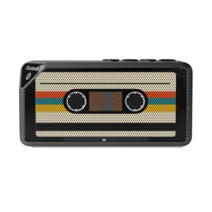 May include: A black Bluetooth speaker shaped like a vintage cassette tape with a colorful retro design. The speaker has a black mesh grille and a small button on the front.