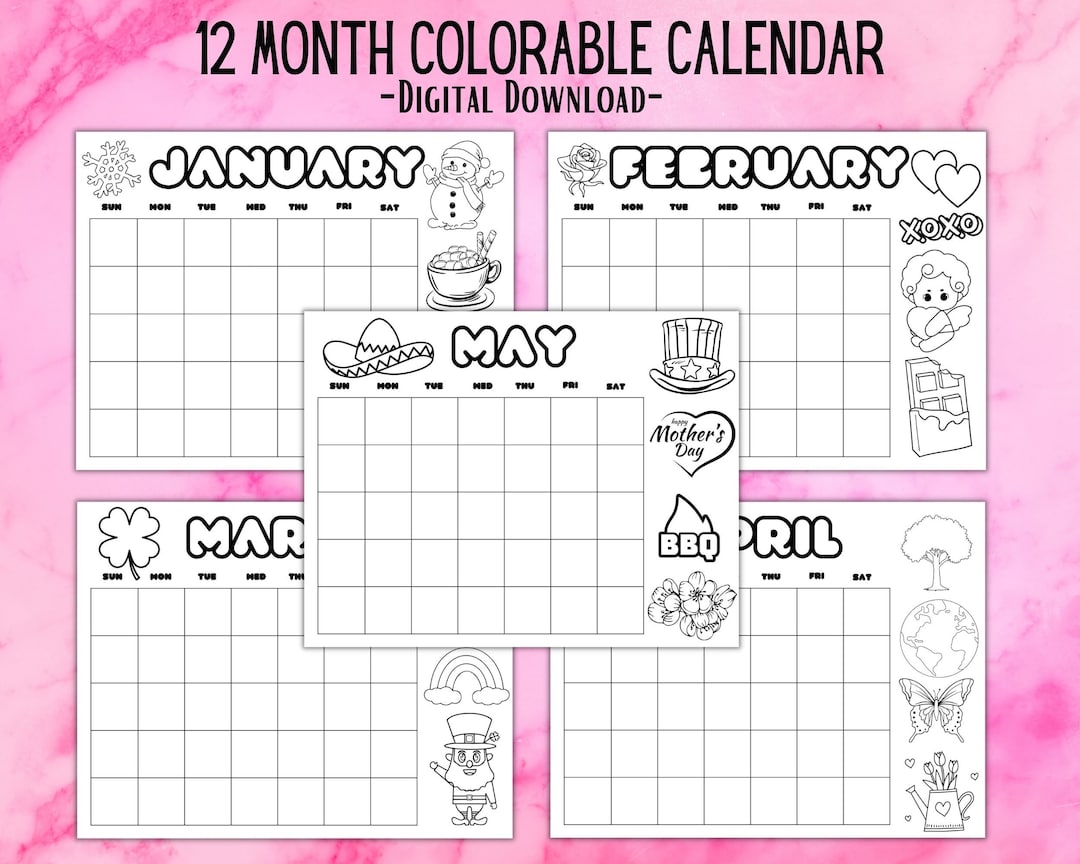 Colorable Monthly Calendar, Monthly Calendar, 12 Month Printable ...