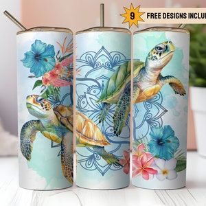 Sea Turtle 20oz Skinny Tumbler Wrap PNG Sublimation Digital Download Instant DIGITAL ONLY, Beach Tropical Palm Tree Summer Ocean Floral Blue