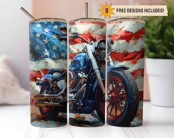 American Flag Motorcycle 20oz Skinny Tumbler Wrap PNG Sublimation Digital Download Instant DIGITAL ONLY, Patriotic Biker Fathers Day Gift