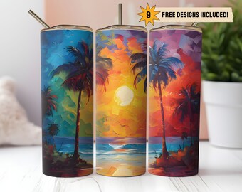 Beach Tropical 20oz Skinny Tumbler Wrap PNG Sublimation Digital Download Instant DIGITAL ONLY Palm Tree Summer Ocean Beach Scene Sunset Gift