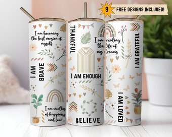 Boho Positive Affirmations 20oz Skinny Tumbler Wrap PNG Sublimation Digital Download Instant DIGITAL ONLY, Inspirational Quotes Butterflies