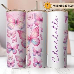 Vaso delgado de 20 oz con diseño de mariposa rosa en blanco, envoltura PNG, sublimación, descarga digital instantánea, solo digital, chica suave, chica, agrega tu propio texto