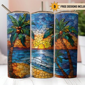 Beach Tropical 20oz Skinny Tumbler Wrap PNG Sublimation Digital Download Instant DIGITAL ONLY Palm Tree Summer Ocean Stained Glass Aesthetic
