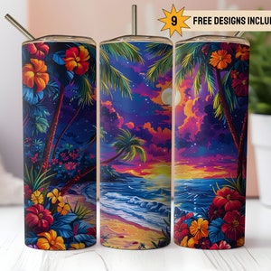 Beach Tropical 20oz Skinny Tumbler Wrap PNG Sublimation Digital Download Instant DIGITAL ONLY Palm Tree Summer Ocean Waves Neon Aesthetic