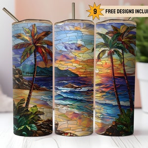 Beach Tropical 20oz Skinny Tumbler Wrap PNG Sublimation Digital Download Instant DIGITAL ONLY Palm Tree Summer Ocean Stained Glass Aesthetic
