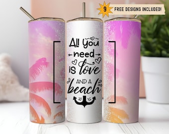 Beach Tropical 20oz Skinny Tumbler Wrap PNG Sublimation Digital Download Instant DIGITAL ONLY, Palm Tree Summer Sunset Ocean Seashell Design