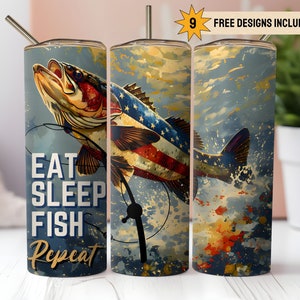 Vissen Amerikaanse vlag 20oz Skinny Tumbler Wrap PNG sublimatie Instant Digitale Download Eet slaap vis Herhaal Vaderdag 4 juli Cadeau