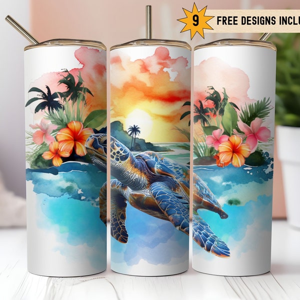 Beach Tropical Sea Turtle 20oz Skinny Tumbler Wrap PNG Sublimation Digital Download Instant DIGITAL ONLY, Palm Tree Summer Ocean Floral Blue