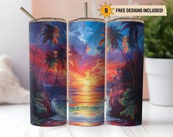 Beach Tropical 20oz Skinny Tumbler Wrap PNG Sublimation Digital Download Instant DIGITAL ONLY Palm Tree Summer Ocean Beach Scene Sunset Gift