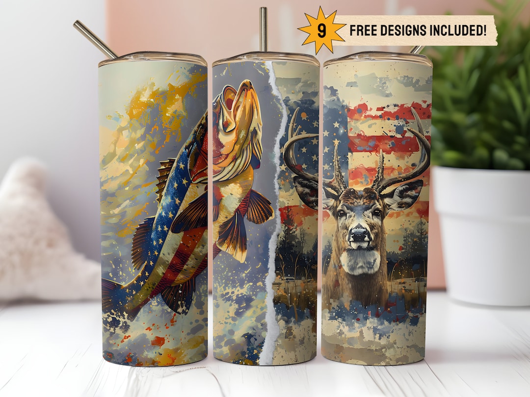 Hunting Fishing American Flag 20oz Skinny Tumbler Wrap PNG Sublimation ...