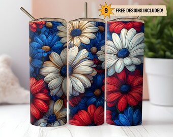 Può includere: Tre bicchieri in acciaio inossidabile da 20 once con un design floreale. I bicchieri presentano fiori rossi, bianchi e blu.
