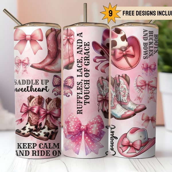 Coquette Cowgirl 20oz Skinny Tumbler Wrap PNG Sublimation Digital Download Instant DIGITAL ONLY, Soft Girl Era Pink Bow Western Cowgirl Boot